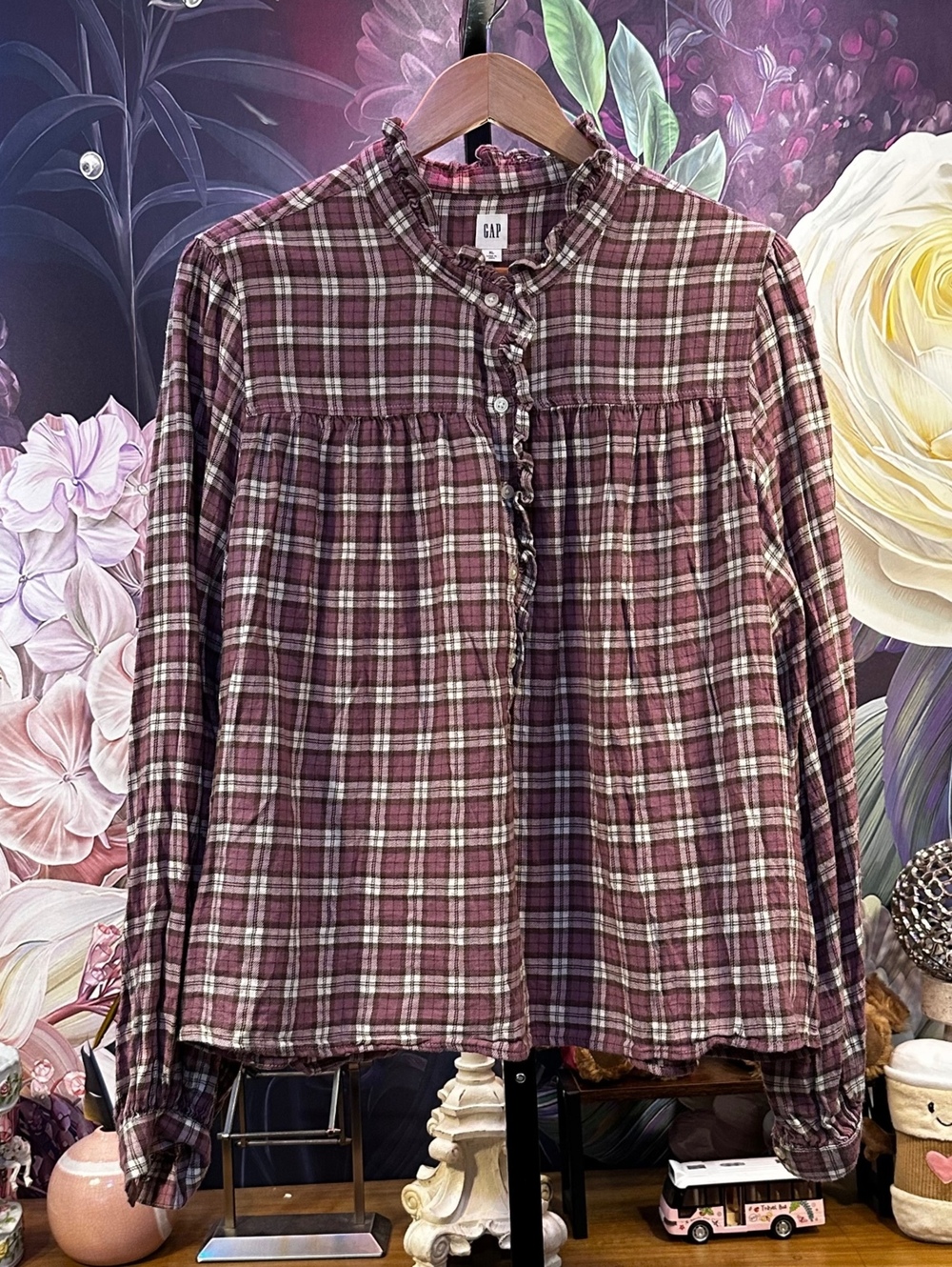GAP Women's XL Ruffle Plaid Blouse Cottagecore Prairie Long Sleeve Mauve Brown